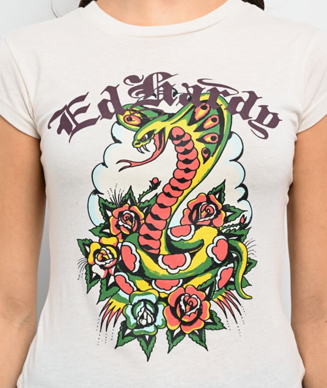 Ed Hardy Rose Cobra Ivory Crop T-Shirt - thumbnail 3