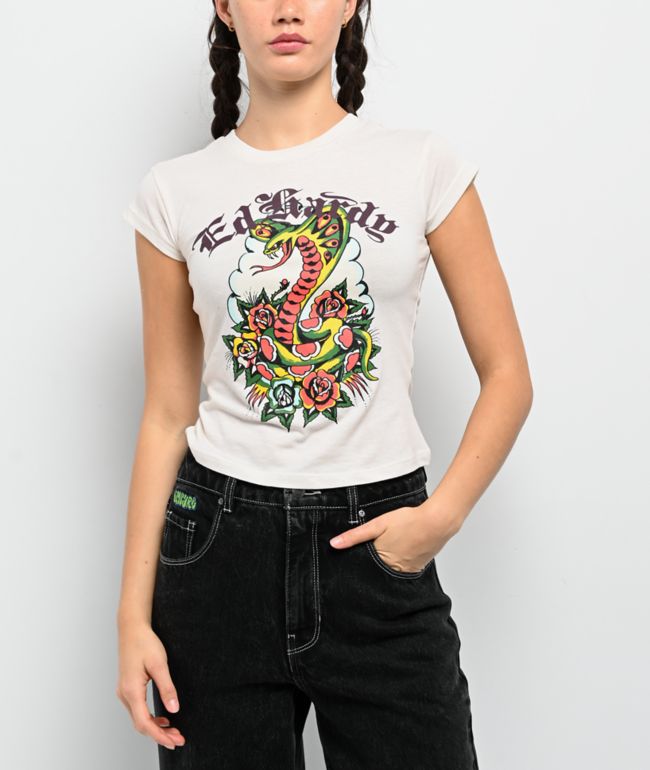 Ed Hardy Rose Cobra Ivory Crop T-Shirt