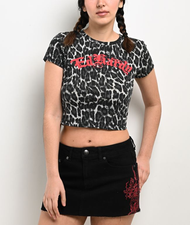 Ed Hardy Sacred Heart Black Leopard Print Crop T-Shirt