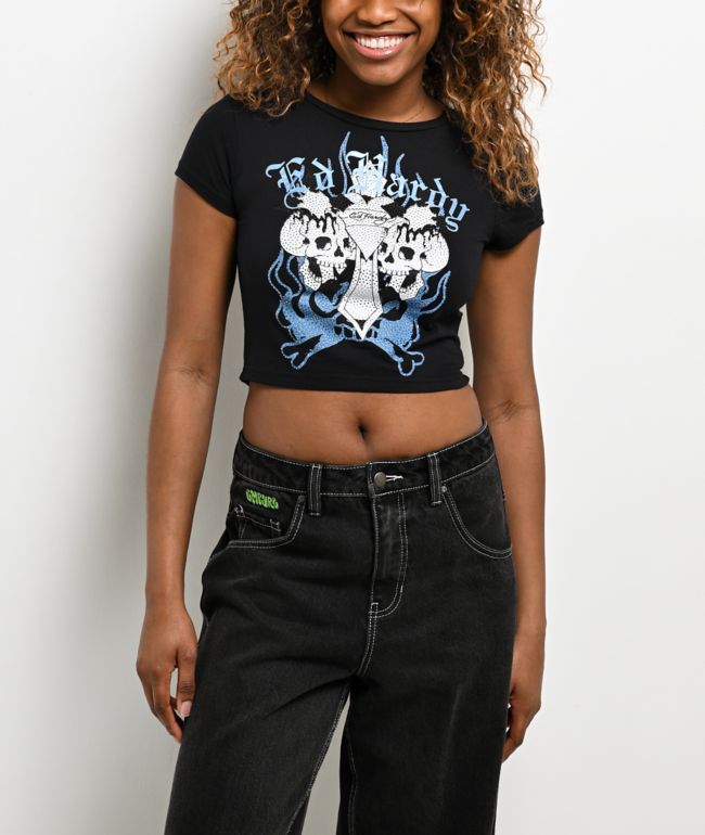 Ed Hardy Skull Crosses Rhinestone Black Crop T-Shirt