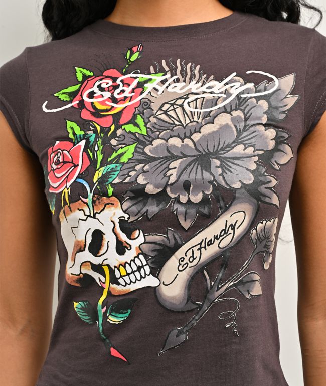 Ed Hardy Skull Roses Espresso Crop T-Shirt - thumbnail 3