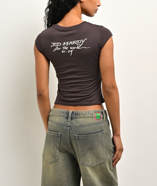Ed Hardy Skull Roses Espresso Crop T-Shirt - thumbnail 2