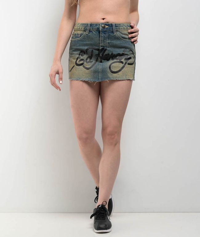 Ed Hardy Snake Hearts Y2K Tint Cutoff Denim Mini Skirt