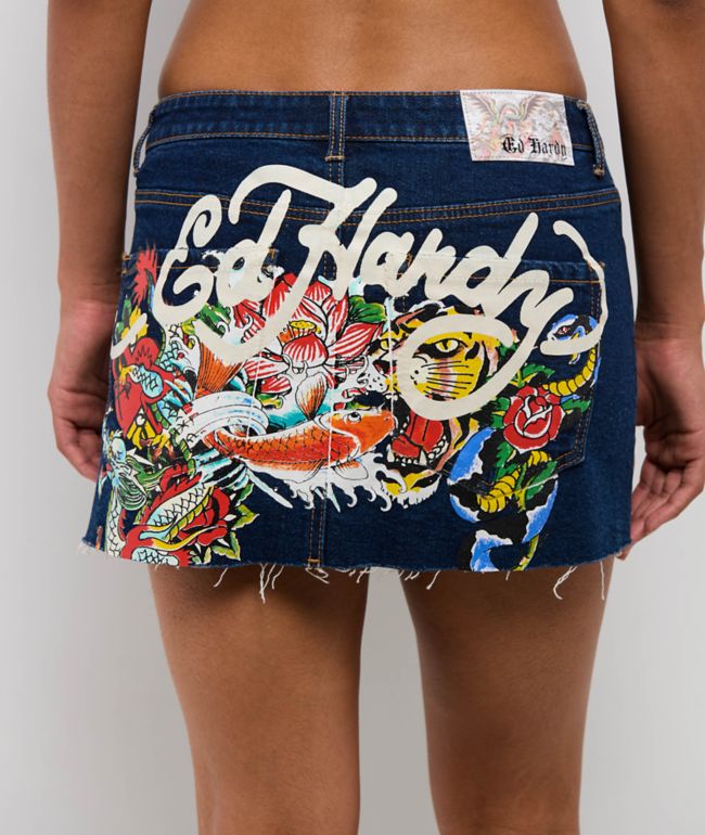 Ed Hardy Tattoo Collage Dark Denim Cutoff Mini Skirt - thumbnail 3