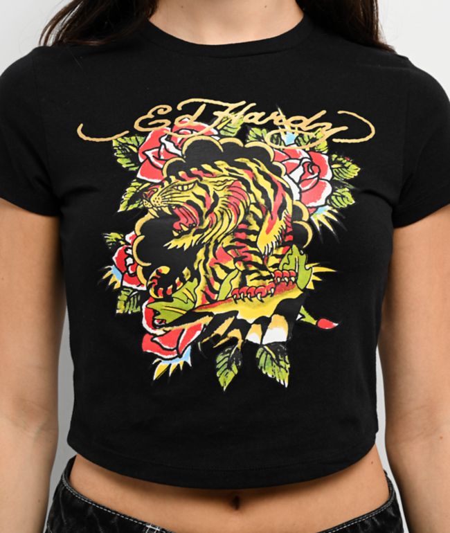 Ed Hardy Tiger Rose Black Crop T-Shirt - thumbnail 3