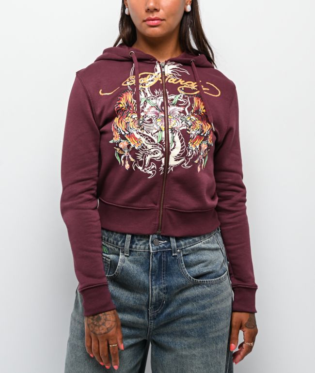 Ed Hardy Tigers Fig Burgundy Boxy Crop Zip Hoodie