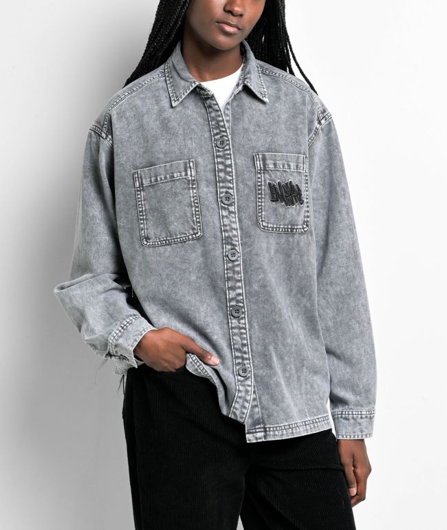 Empyre Akrin Grey Mineral Wash Long Sleeve Button Up Shirt