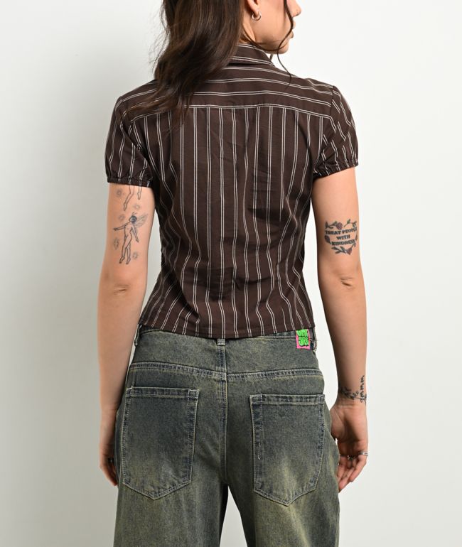 Empyre Alana Brown Pinstripe Button Up Shirt - thumbnail 2