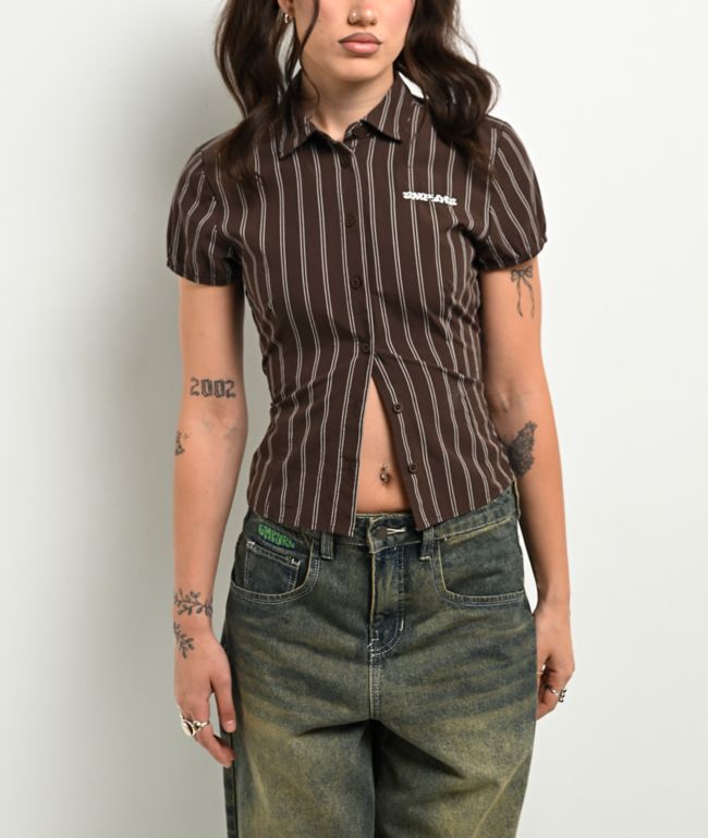 Empyre Alana Brown Pinstripe Button Up Shirt