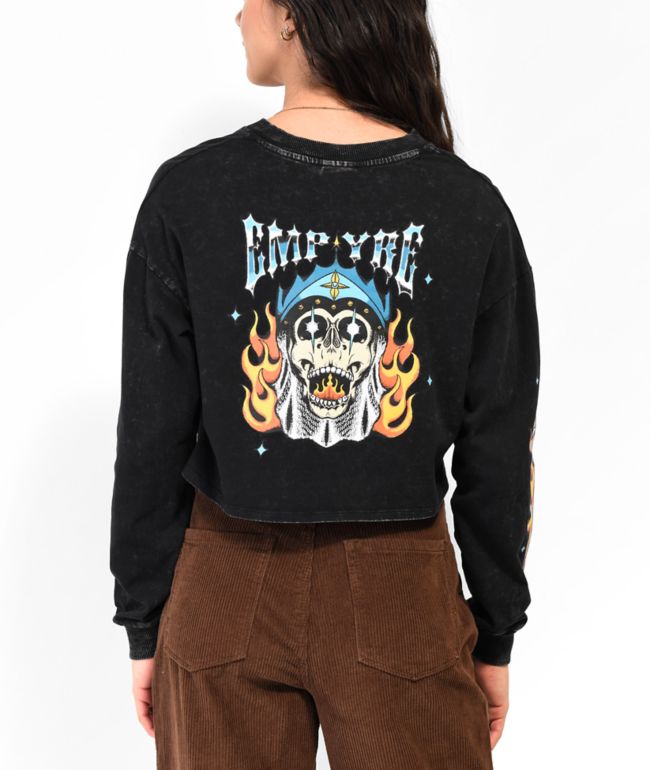 Empyre Alaska Flame Skull Black Crop Long Sleeve Henley T-Shirt