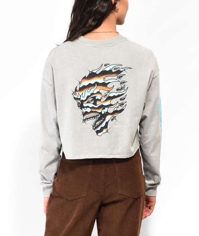 Empyre Alaska Grey Wash Crop Long Sleeve Henley T-Shirt