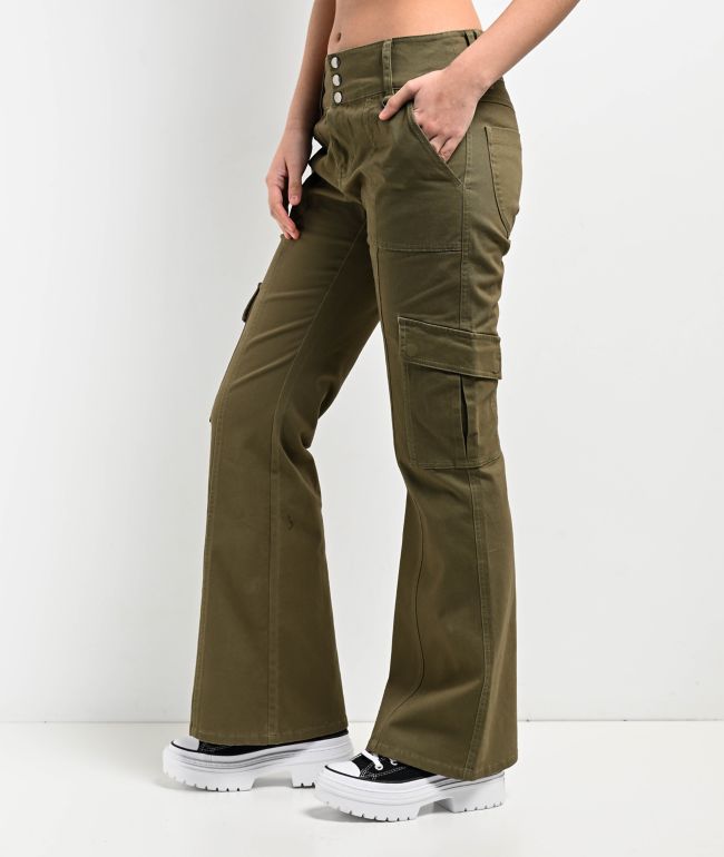 Empyre Britt Y2K Burnt Olive Low Rise Flare Cargo Pants - thumbnail 3