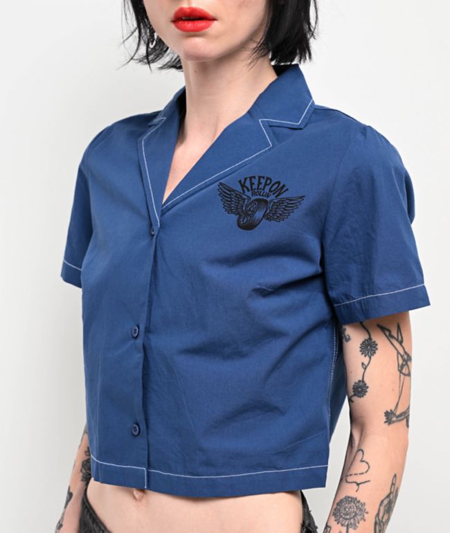 Empyre Bucky Keep On Blue Crop Button Up Shirt - thumbnail 3
