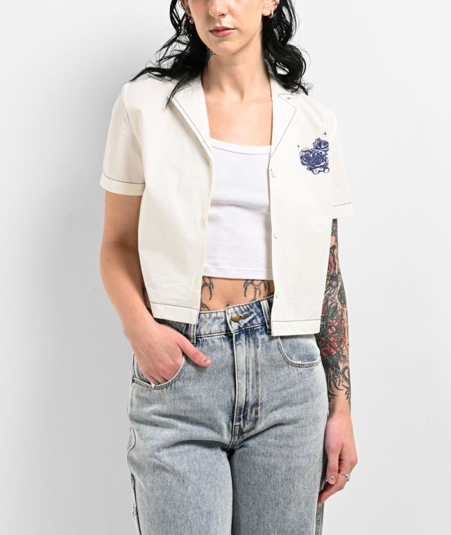 Empyre Bucky Rose Beige Crop Button Up Short Sleeve Shirt - thumbnail 2