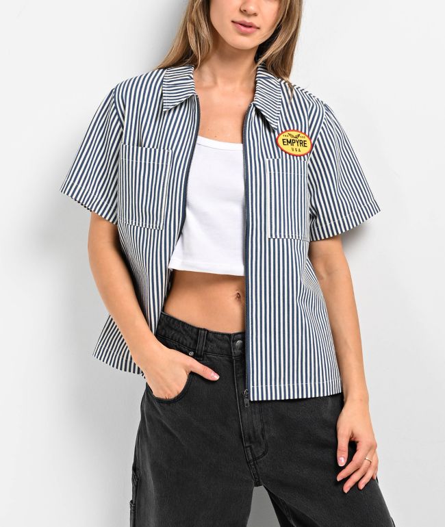 Empyre Buffy Blue & White Stripe Crop Work Shirt