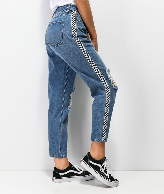Empyre Eileen Checkered Striped Light Wash Mom Jeans - thumbnail 3