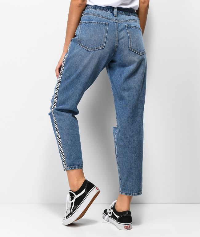 Empyre Eileen Checkered Striped Light Wash Mom Jeans - thumbnail 2