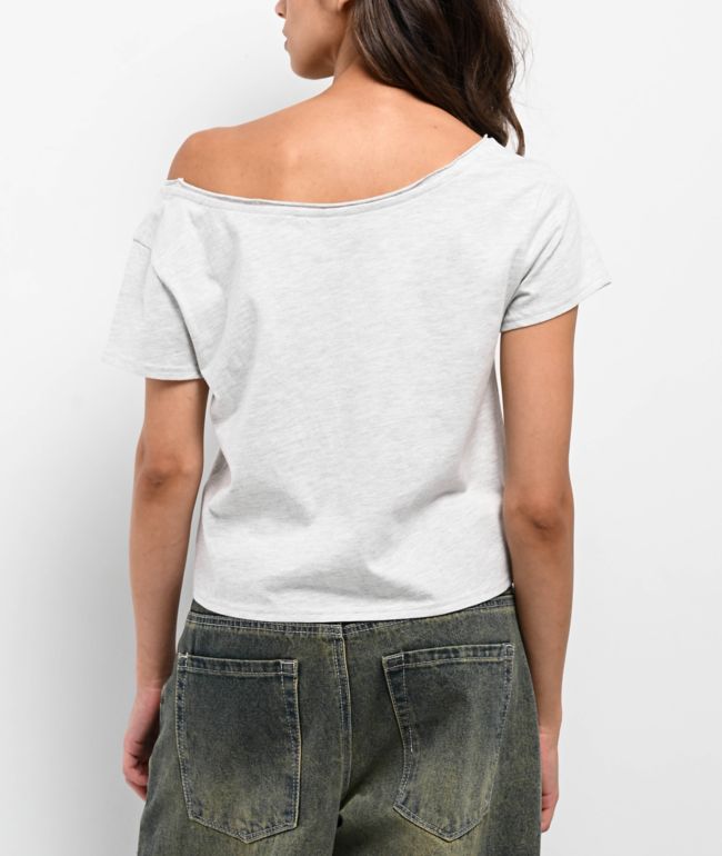 Empyre Kasey Off Shoulder Grey Boxy Crop T-Shirt - thumbnail 2