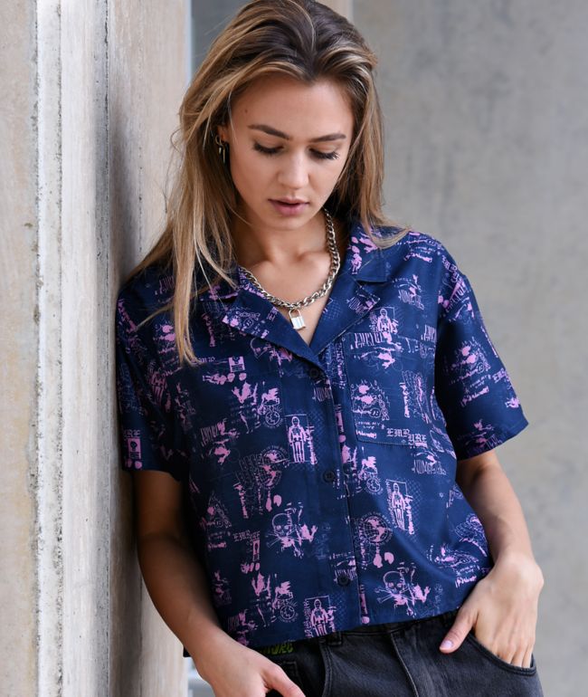 Empyre Kidd Mix Print Blue & Pink Crop Button Up Shirt - thumbnail 2