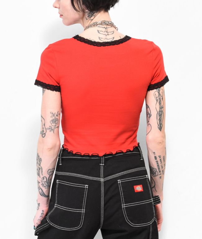 Empyre Lacey Red Lace Crop Top T-Shirt - thumbnail 2