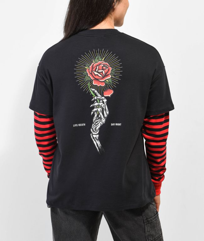 Empyre Roxie Skull & Rose Black & Red Layered Long Sleeve T-Shirt