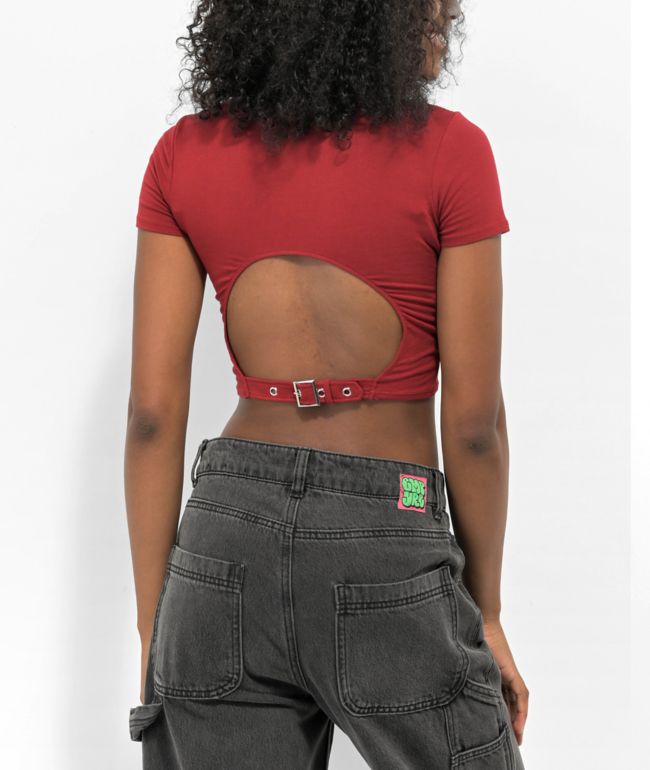 Empyre Sienna Buckle Dark Red Crop T-Shirt - thumbnail 2