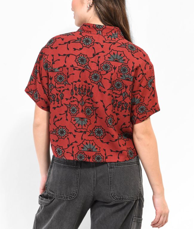 Empyre Sonya Skull Wine Crop Short Sleeve Button Up Shirt - thumbnail 2