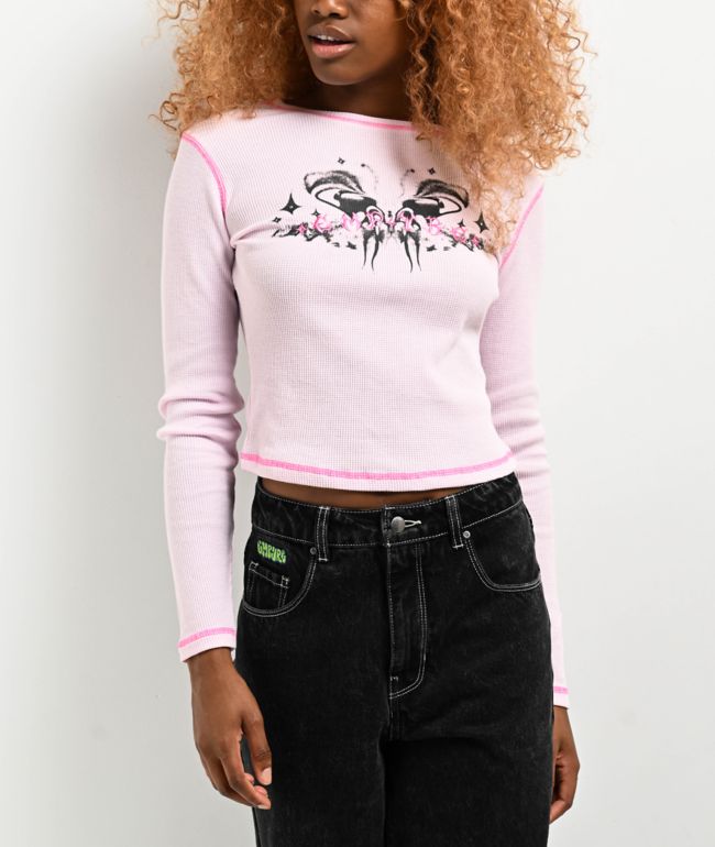 Empyre Thelma Butterfly Pink Crop Thermal Long Sleeve T-Shirt