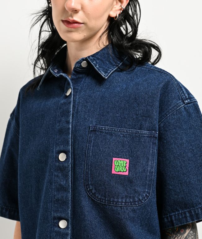 Empyre Wesley Dark Blue Button Up Short Sleeve Denim Shirt - thumbnail 3