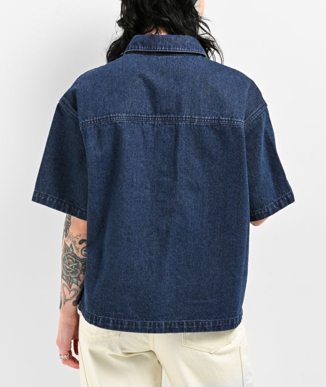 Empyre Wesley Dark Blue Button Up Short Sleeve Denim Shirt - thumbnail 2