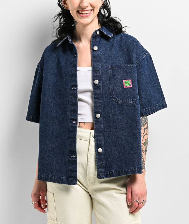 Empyre Wesley Dark Blue Button Up Short Sleeve Denim Shirt