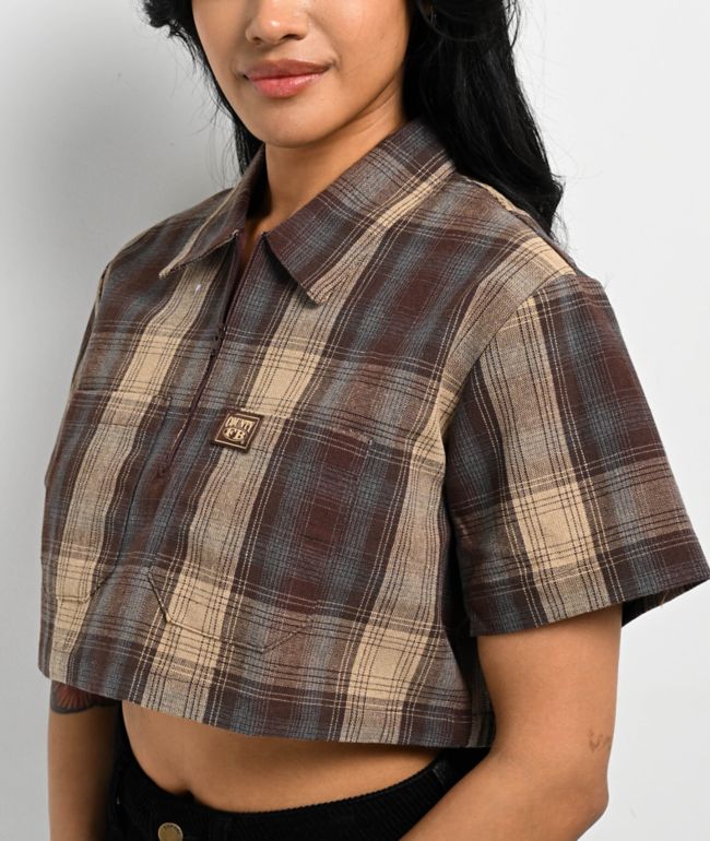 FB County Checker Brown Zip Crop Short Sleeve Shirt - thumbnail 3