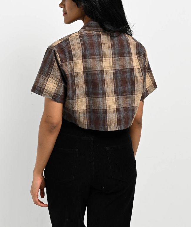 FB County Checker Brown Zip Crop Short Sleeve Shirt - thumbnail 2
