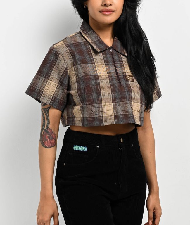 FB County Checker Brown Zip Crop Short Sleeve Shirt