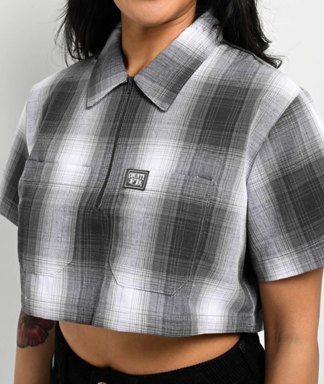 FB County Checker Grey Zip Crop Short Sleeve Shirt - thumbnail 3