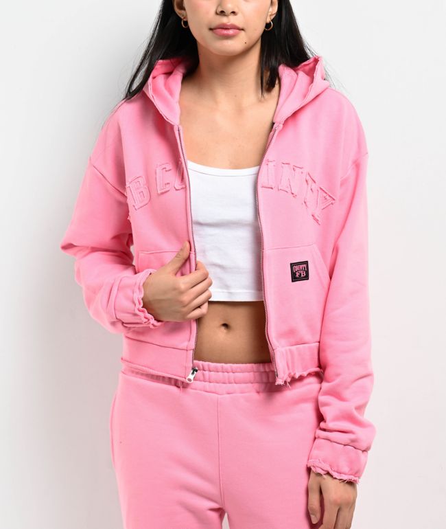 FB County French Terry Pink Crop Zip Hoodie