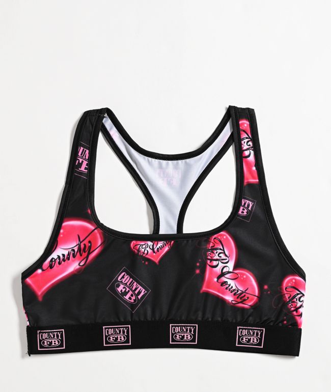 FB County Heart Print Black & Pink Sports Bra