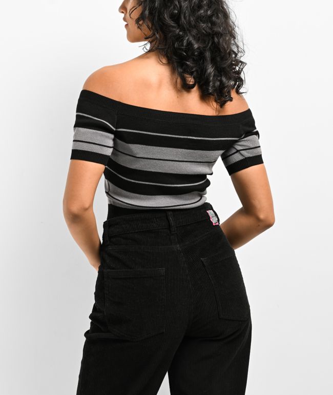 FB County Off Shoulder Black Stripe Crop T-Shirt - thumbnail 2