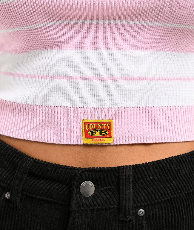 FB County Off Shoulder Pink Stripe Crop T-Shirt - thumbnail 3