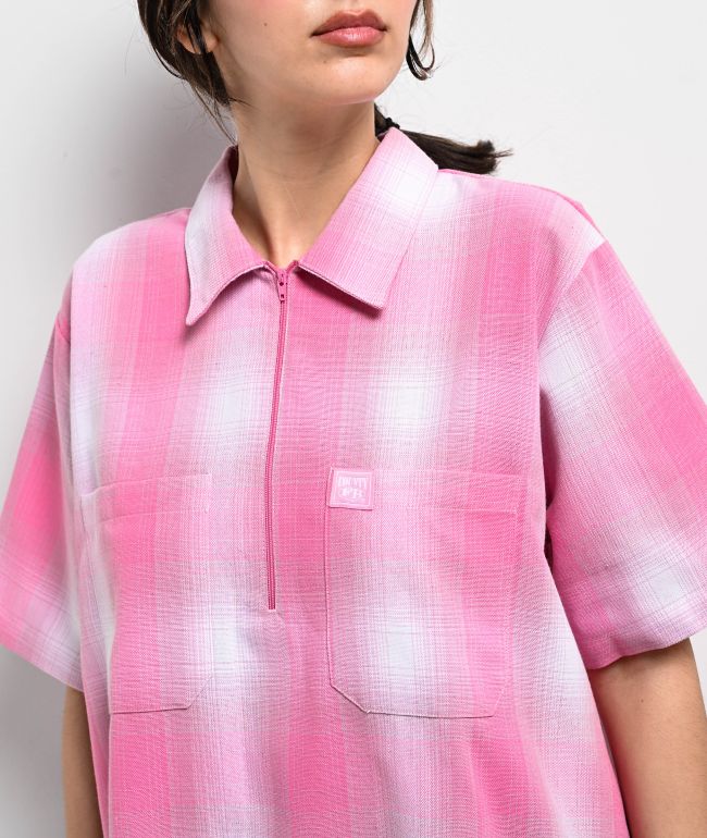 FB County Pink Plaid Zip Short Sleeve Woven Shirt - thumbnail 3