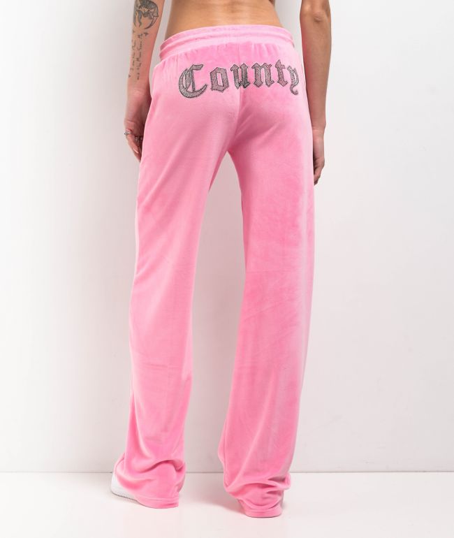 FB County Rhinestone Pink Velour Track Pants