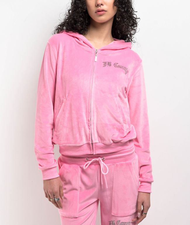 FB County Rhinestone Pink Velour Zip Hoodie - thumbnail 2