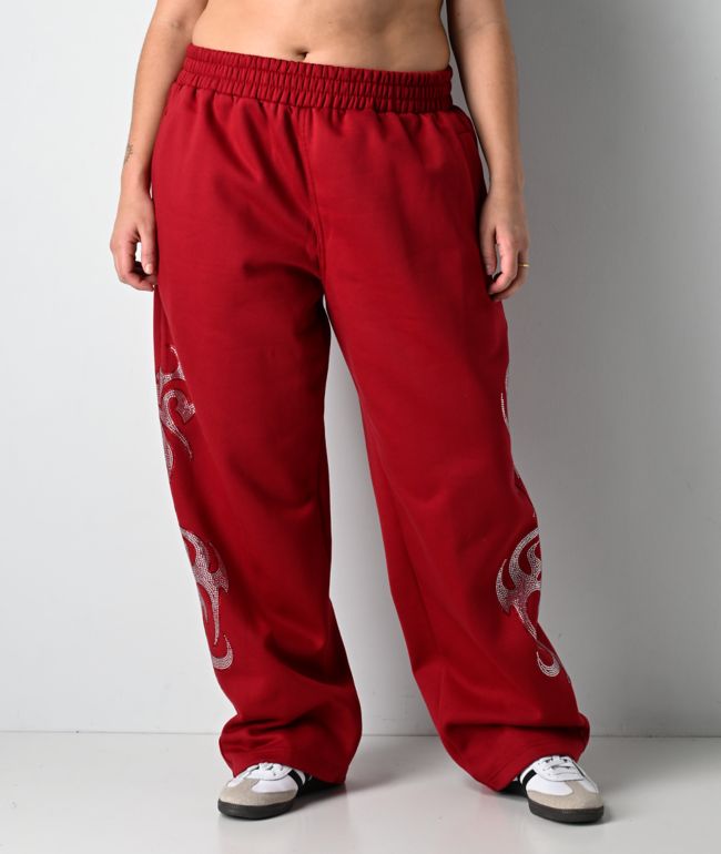 FB County Rhinestone Red Straight Leg Sweatpants - thumbnail 3
