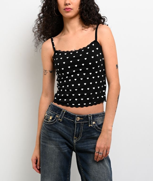 Freeworld Evelyn Hearts Lace Black Crop Tank Top