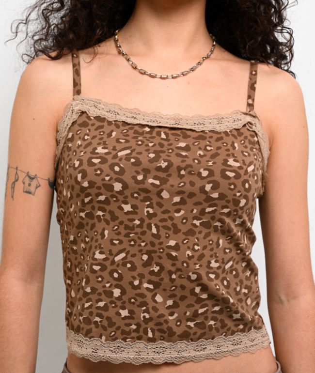 Freeworld Evelyn Lace Cheetah Brown Crop Tank Top - thumbnail 3