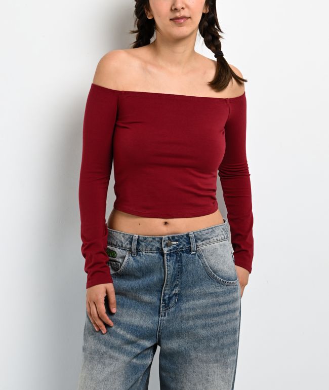 Freeworld Serenity Off Shoulder Pomegranate Red Long Sleeve Crop T-Shirt