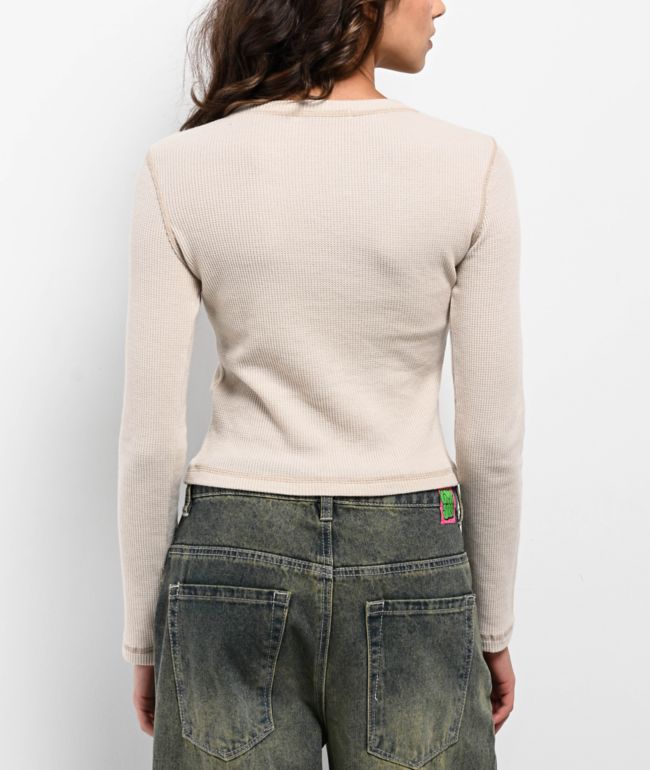 Freeworld Thora Silver Birch Notch Thermal Long Sleeve Crop T-Shirt - thumbnail 2