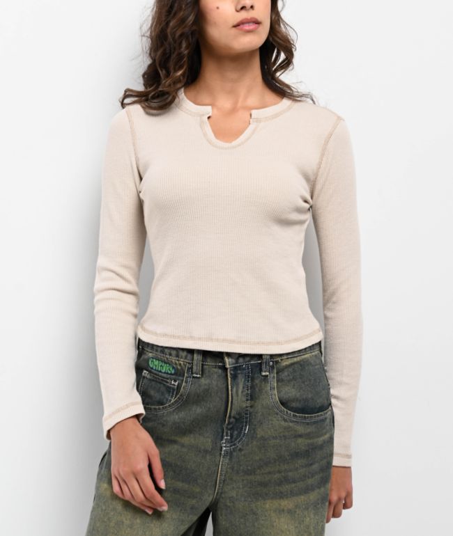 Freeworld Thora Silver Birch Notch Thermal Long Sleeve Crop T-Shirt