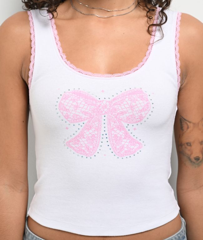 Freeworld Zaylee Pink Bow Rhinestone White Tank Top - thumbnail 3