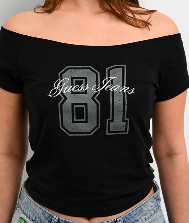 Guess Jeans 81 Off Shoulder Black Crop T-Shirt - thumbnail 3